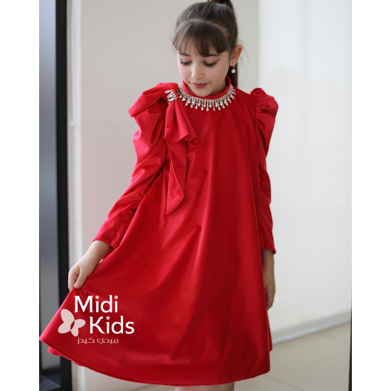 صورة فستان بناتي مخمل أحمر ناعم | فيونكة كتف وإكسسوار رقبة فاخر - m3788